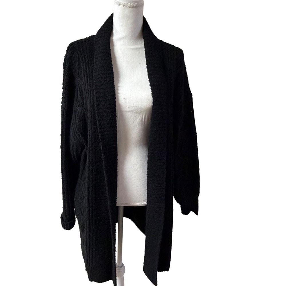 Western Connection Black‎ Textured Open Cardigan Sweater Size L Longline Cable